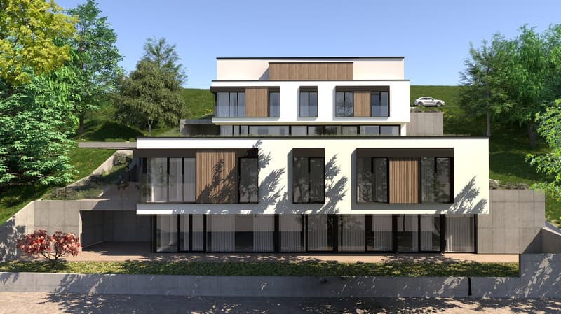 modern house, 3 floors, large windows, balcony, concrete walls, car parked on top