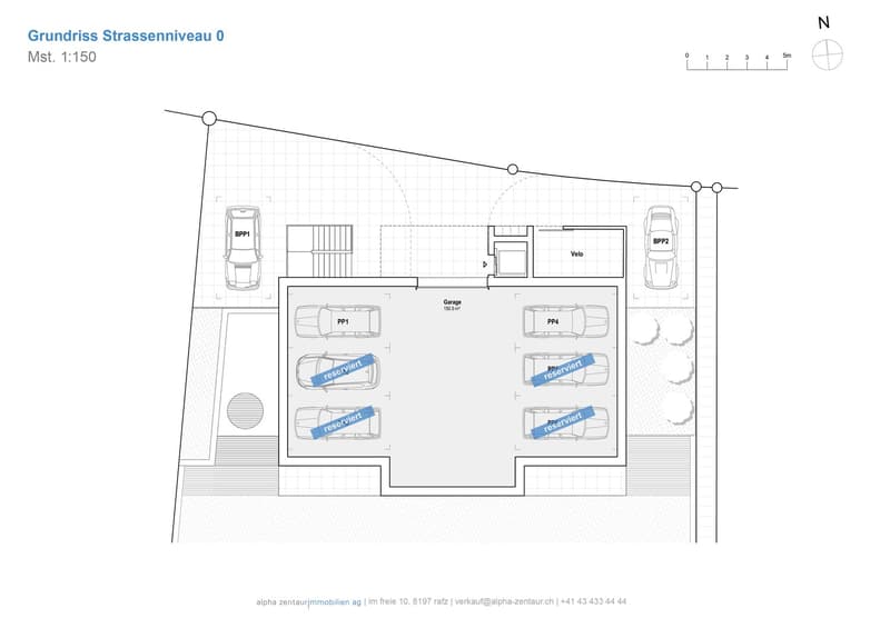 Ground floor plan with multiple parking spaces, including a garage and reserved parking spots.