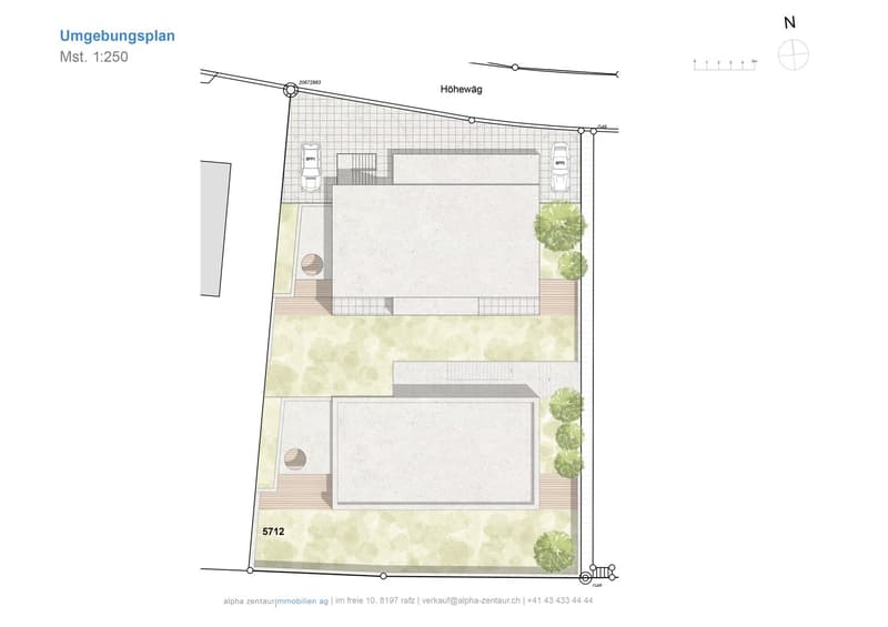 The image shows a site plan for a property with a building and surrounding landscape. The building appears to have a garage and parking place. The site plan also includes a Hoheweg road and the property's address of 5712.