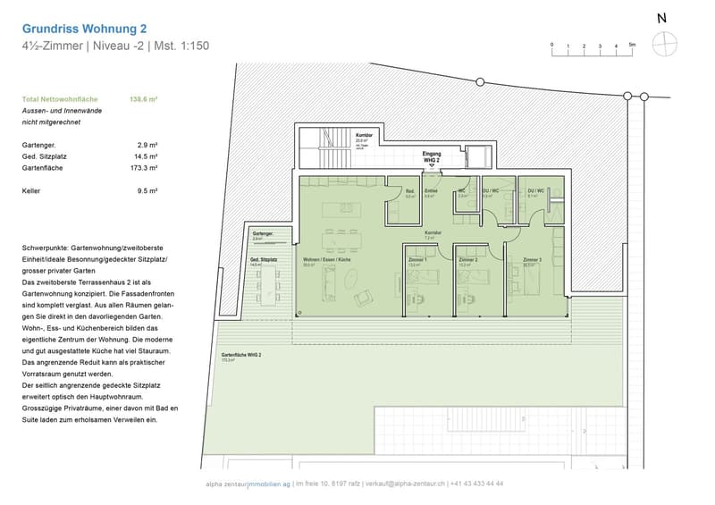 The floor plan shows a 4.5-room apartment on the -2 level with a total net living area of 138.6 m². It includes a living room, kitchen, 3 bedrooms, 2 bathrooms, a corridor, and a cellar. The apartment has a balcony/terrace and a garage.