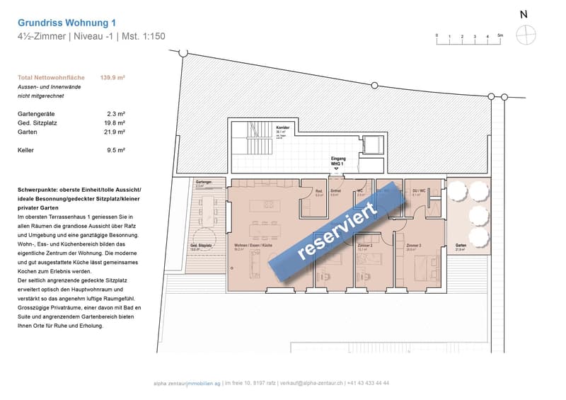 The floor plan shows a 4.5-room apartment on the ground floor. It includes a living room, kitchen, 3 bedrooms, 2 bathrooms, a corridor, a cellar, a garden, and a garage. The apartment has a balcony/terrace, a private washing machine, and a dishwasher.