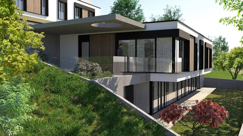 modern house, 2 floors, large windows, balcony, raised ground floor, green surroundings