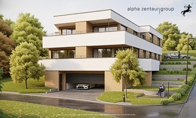 3-storey house, modern design, attached garage, balcony, white and beige exterior