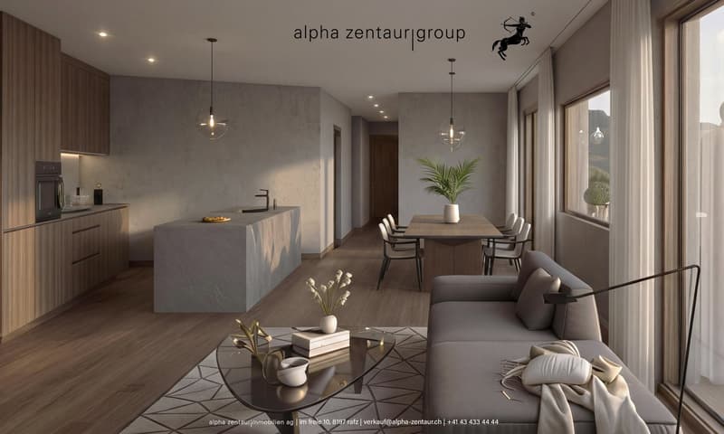 Modern open-plan kitchen and living room with hardwood flooring, central island, dining table, gray sofa, glass table, pendant lights, large window with white curtains.