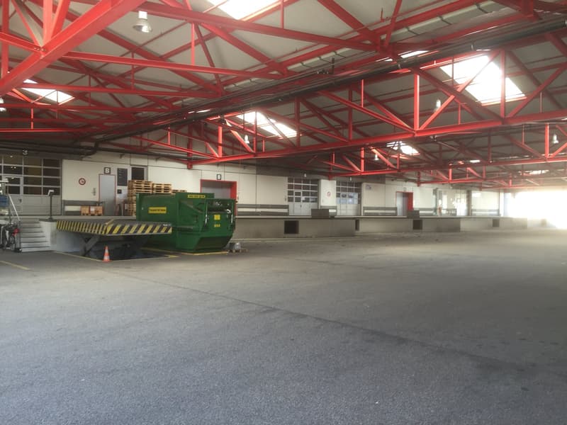 large warehouse, red metal frame, white ceiling, large open space, multiple doors, green dumpster, orange cone
