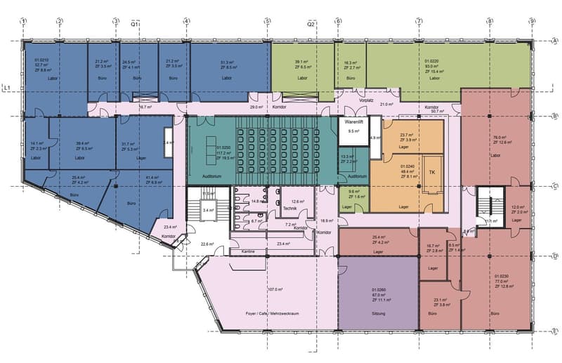 Schlieren 2. Obergeschoss Mietfläche ca. 644 m² (blau und grün markierte  Fläche)