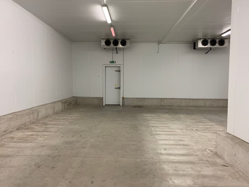 Empty room with white walls, concrete floor, two air conditioning units on the ceiling, a door, and a pink light
