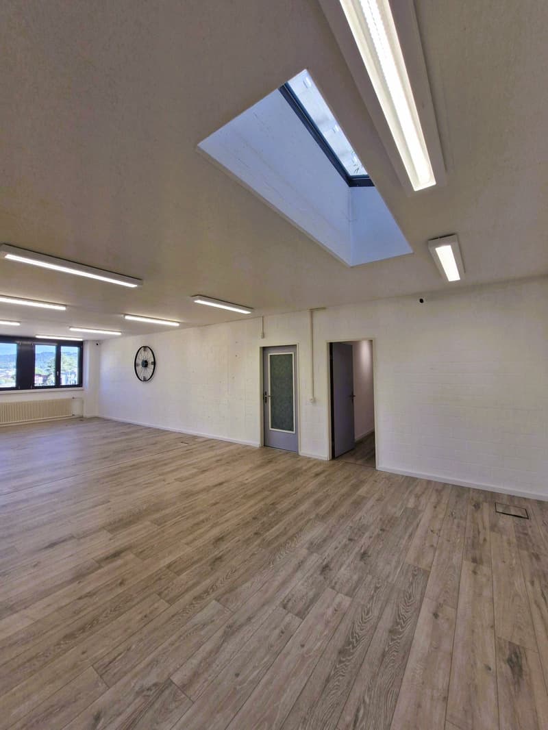 wide room, wooden floors, white walls, large windows, bicycle wheel on wall, skylight