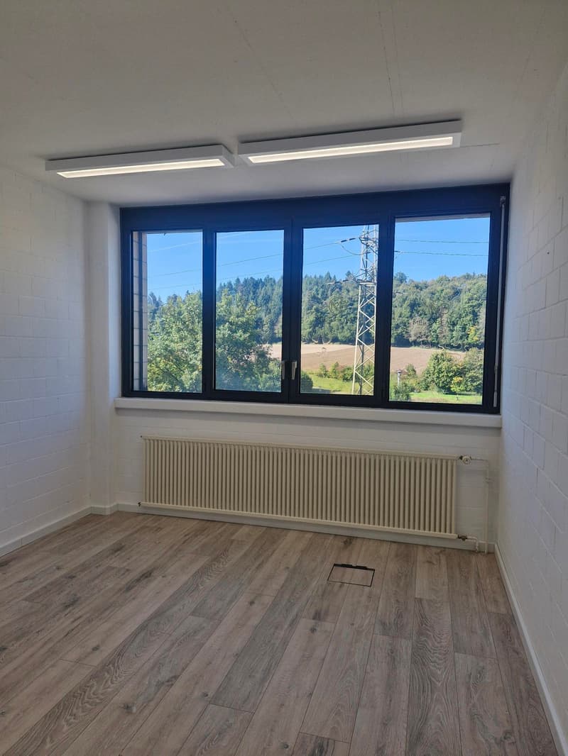 An empty room with large windows, a radiator, and wooden floors.