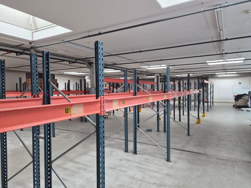 Metallic storage racks, grey flooring, bright lighting, white ceiling, empty space