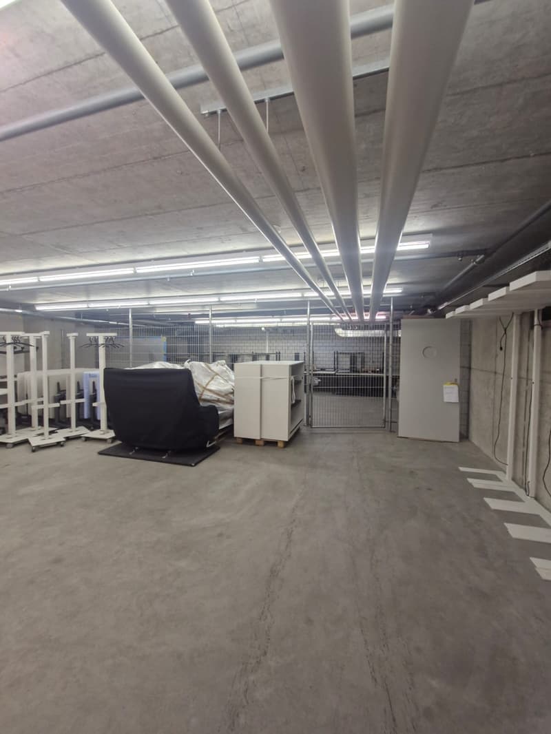 Underground storage room, with large open space and metal beams, equipment for storage and a closed gate