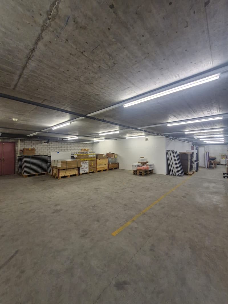 Empty warehouse with concrete floor, white ceiling, rows of boxes, fluorescent lights, yellow markings, storage pallets, concrete walls, no visible features.