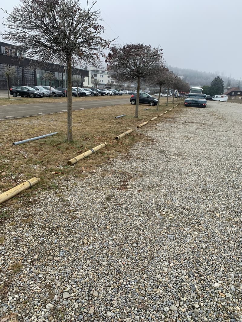 Empty gravel parking lot, several cars parked in the distance, trees and pipes on the edge, buildings behind