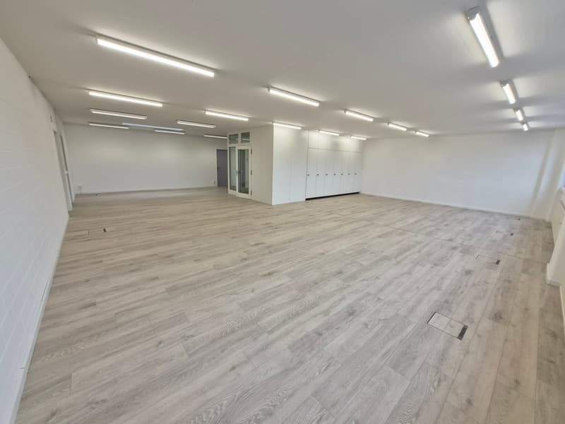 empty room, white walls, wooden floor, ceiling lights, white cabinets