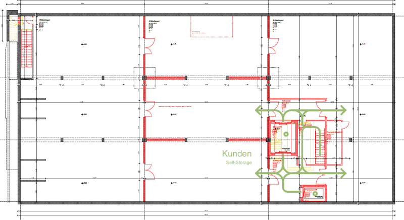 Floor plan of a self-storage facility with multiple storage units, technical room, and entrance area.
