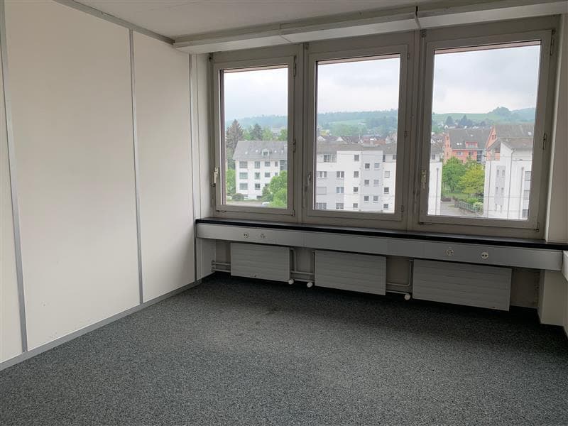 empty room, white walls, gray carpet, large windows, view of the city