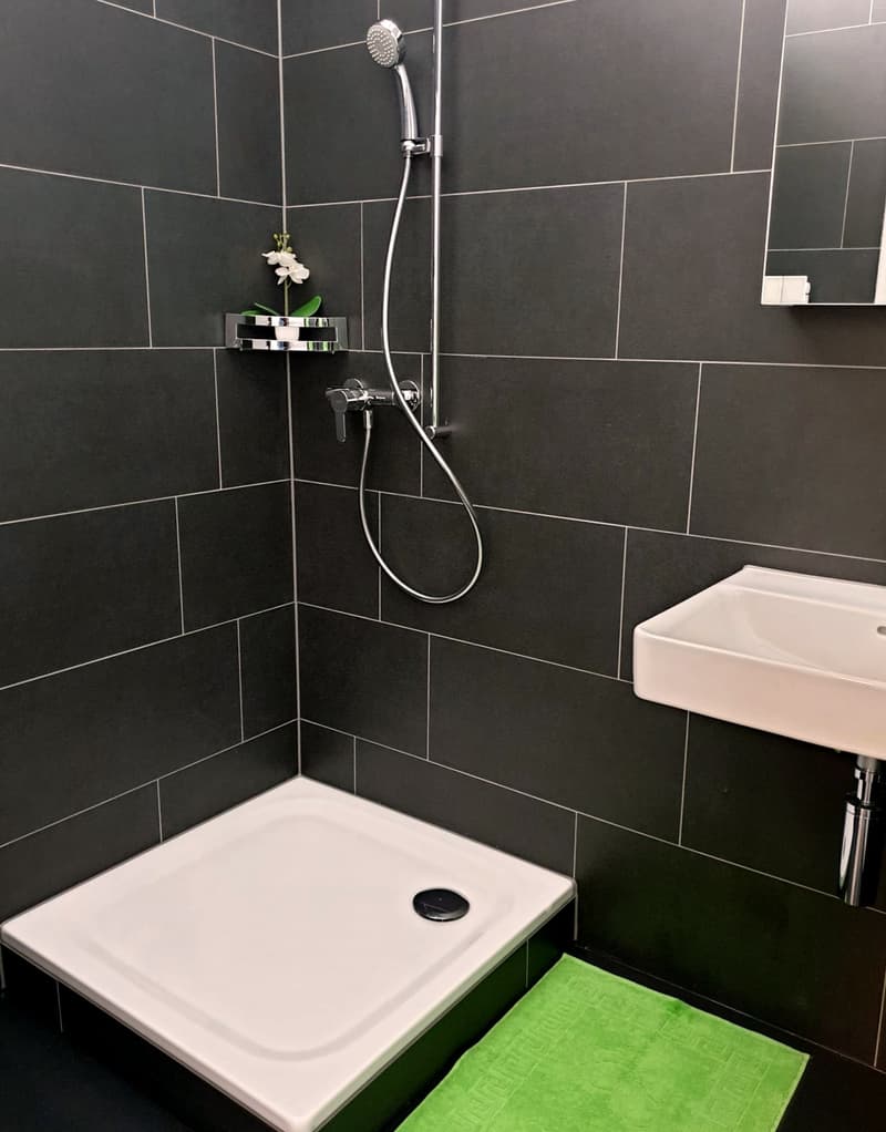 Black tiled walls, white shower tray, shower head, white sink, green bath mat