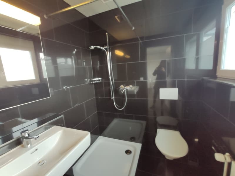 white sink, showerhead, bathtub, toilet, mirror, light fixture, black tiles
