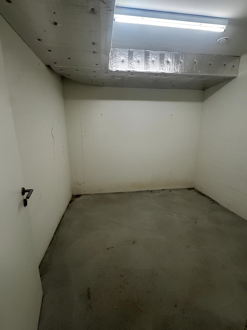 empty room, white walls, concrete floor, single light fixture