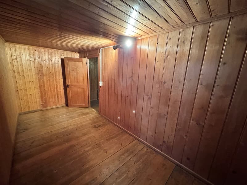 Empty room with wooden walls and floor, a door, and a lamp on the wall