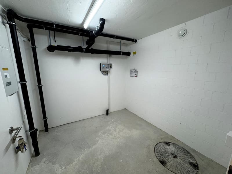 Empty room with concrete floor, white brick walls, pipes, and a drain cover