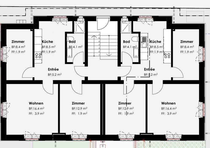 Durchdachte 3.5-Zimmer-Raumaufteilung: Helles Wohnen (16.4 m²) mit grosser Fensterfront und zwei separat zugänglichen Zimmern.