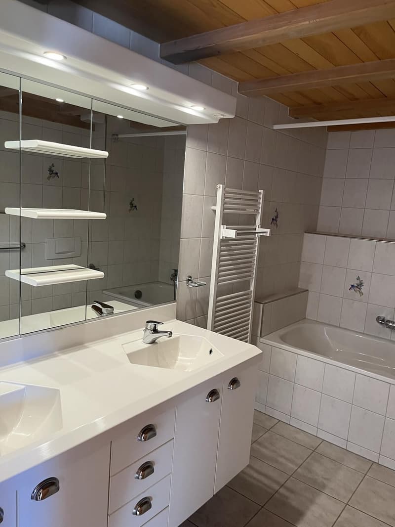 Grosses Hauptbadezimmer mit Badewanne, Doppellavabo und Spiegelschrank