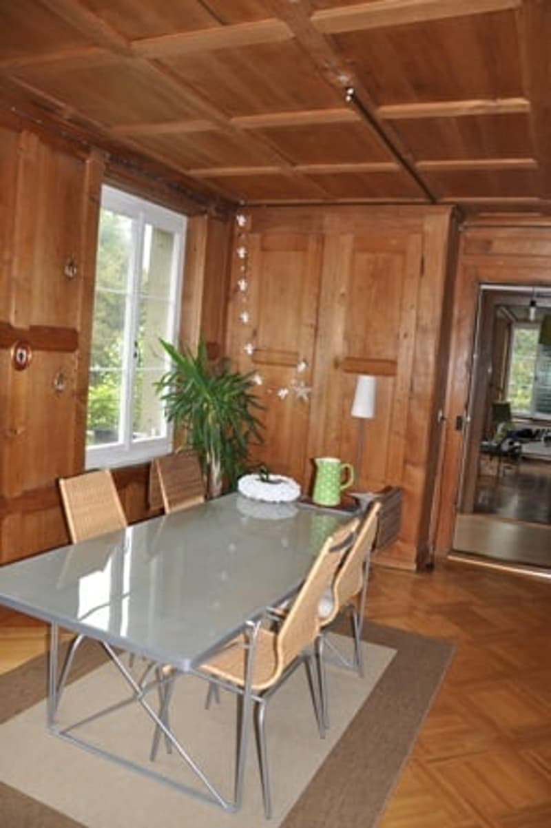 wooden wall paneling, hardwood floors, round dining table with 6 chairs, glass window, small potted plant, lamp, dark brown rug