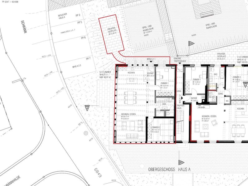 Floor plan of a house with 2 bedrooms, 2 bathrooms, kitchen, living room, entrance, and storage room.