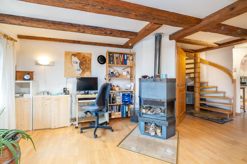 office, chair, desk, monitor, book shelves, fireplace