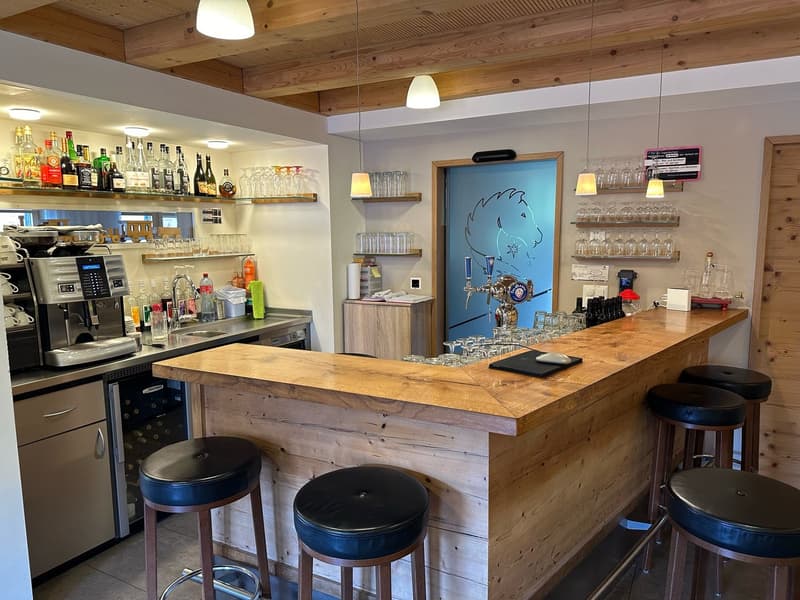 The image shows a cozy bar area with a wooden counter and shelves displaying various liquor bottles and glassware. The bar has a rustic, cabin-like feel with the wooden ceiling and walls. There is a coffee machine and a dishwasher visible, indicating this