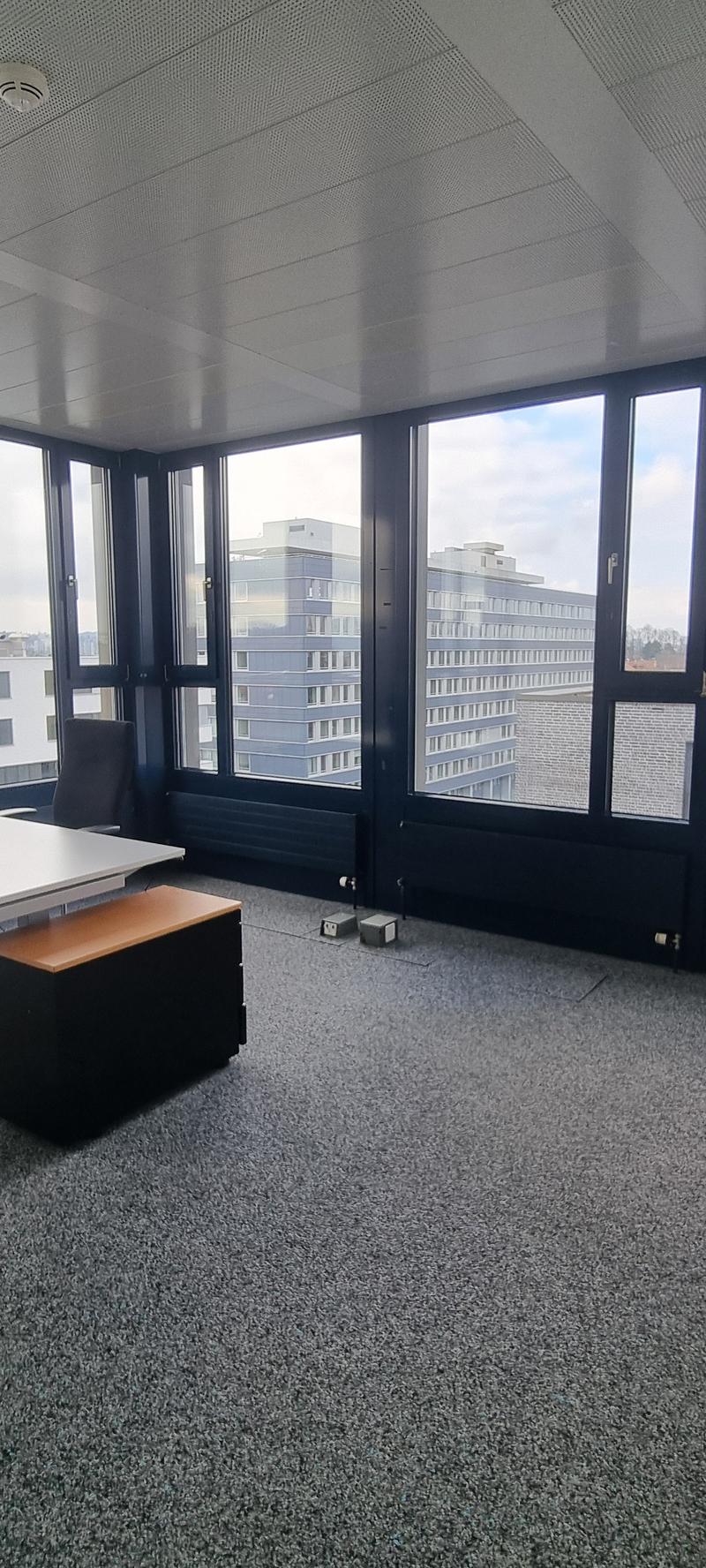 Large windows with a view of the surrounding buildings, gray carpeted floor, black framed windows, and a desk in the corner.