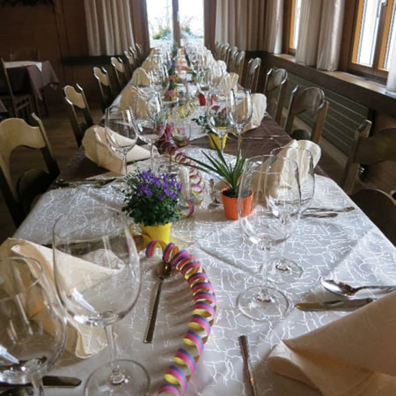 Dining room with long table, chairs, wine glasses, spoons, knives, forks, napkins, potted plants, and colorful ribbons