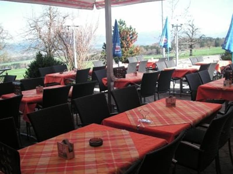 Outdoor dining area with tables and chairs, red tablecloths, blue umbrellas, scenic view of a field and mountains