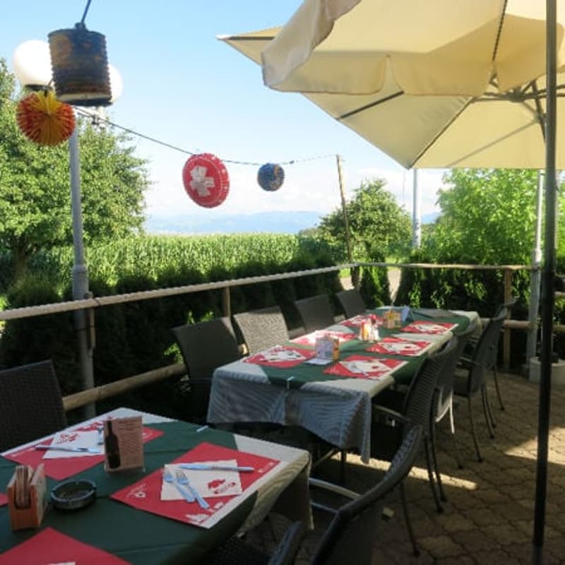 Outdoor dining area with tables, chairs, umbrellas, and a view of the landscape