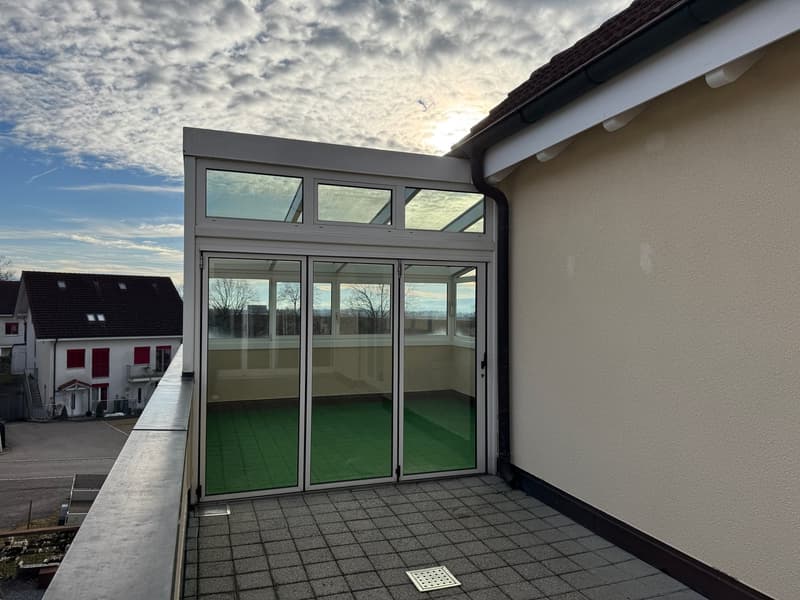 Sliding glass doors, green carpet, wide balcony, panoramic view