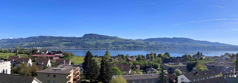 Panoramablick vom Balkon auf See und Berge
