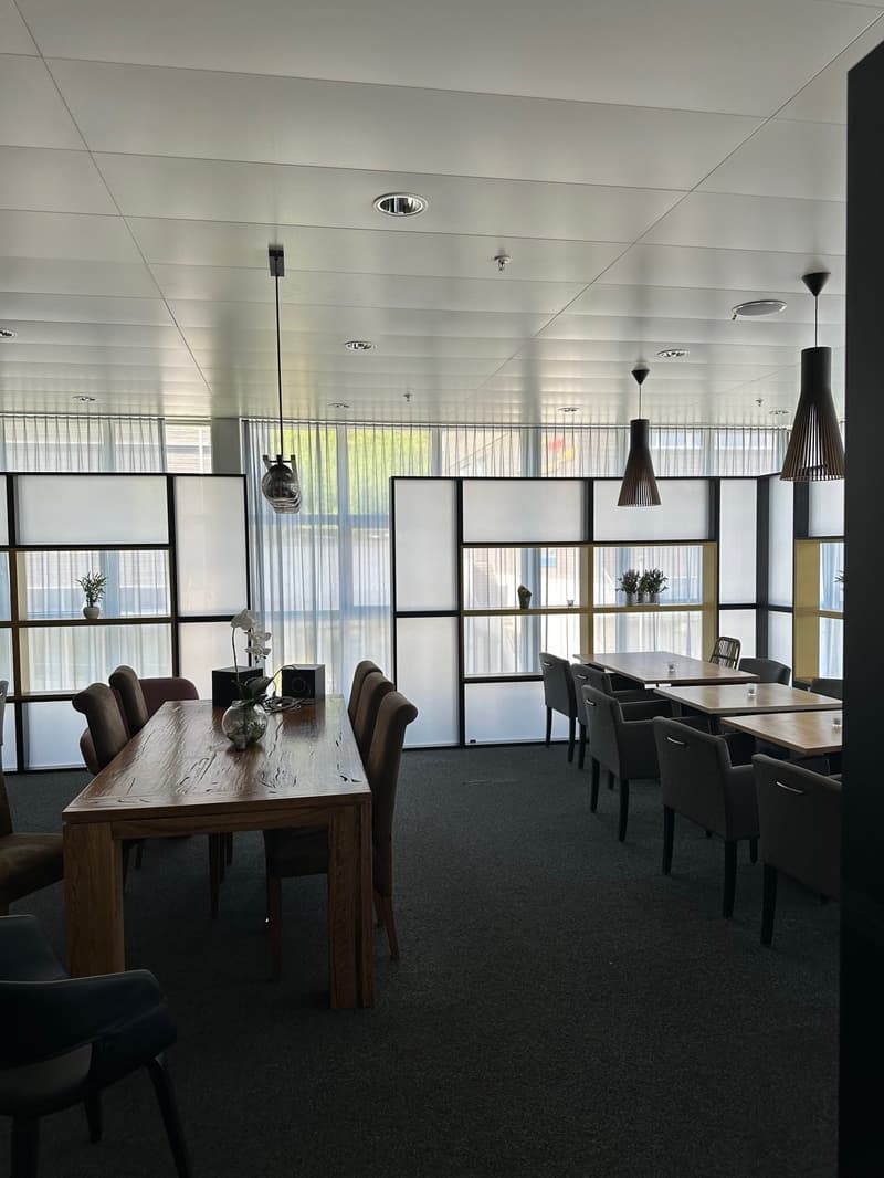 A modern meeting room with large glass windows, ceiling mounted lights, carpeted floor, wooden tables and chairs, and decorative plants on the shelves