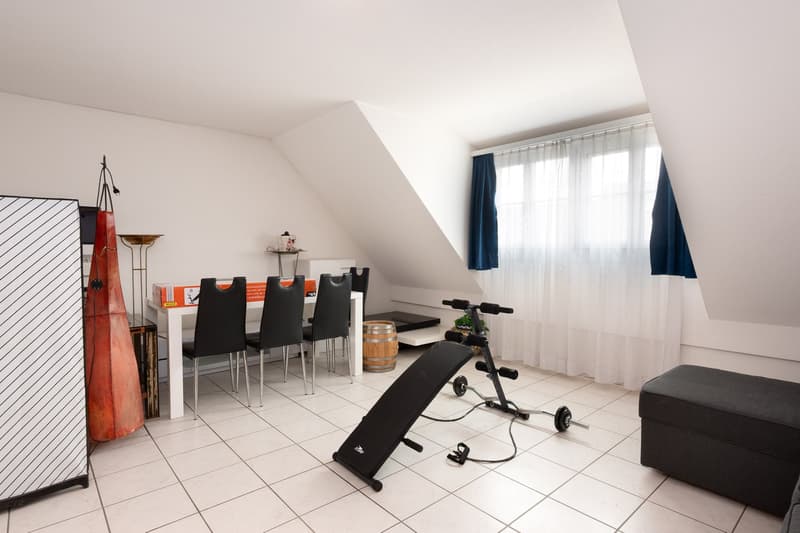 white tiled floor, dining table with chairs, exercise equipment, window with blue curtains, barrel, ottoman