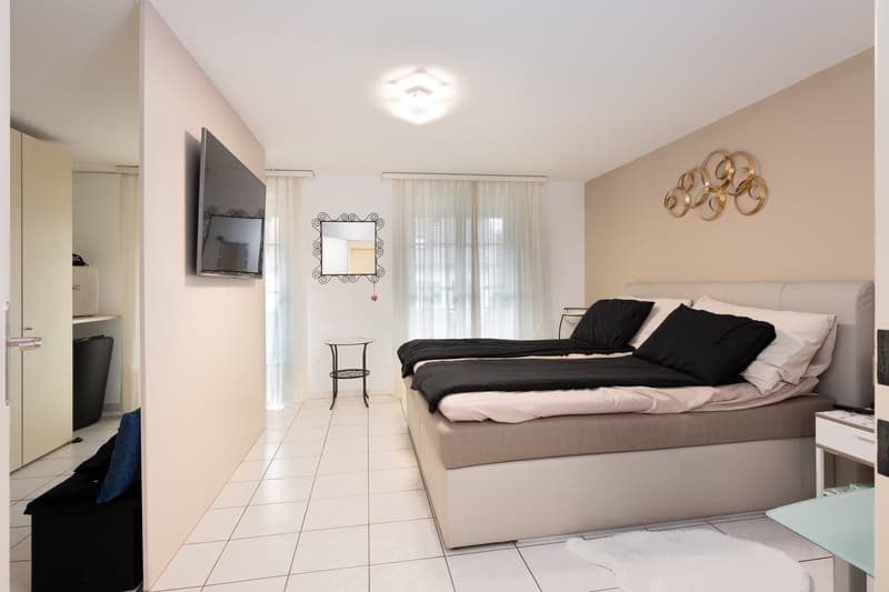 Bedroom with a double bed, bedside tables, a mirror, a TV, and a rug.