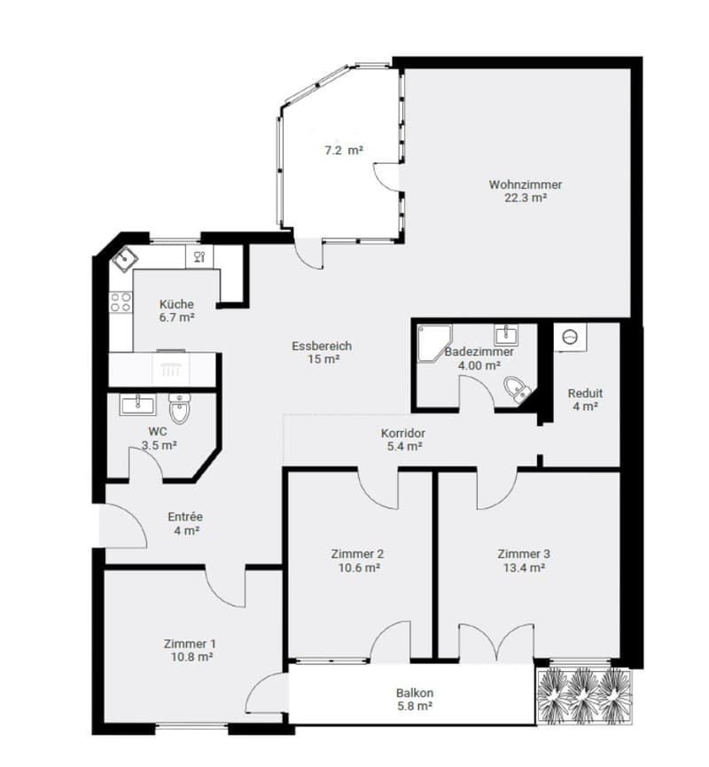 living room, kitchen, 2 bedrooms, 1 bathroom, balcony