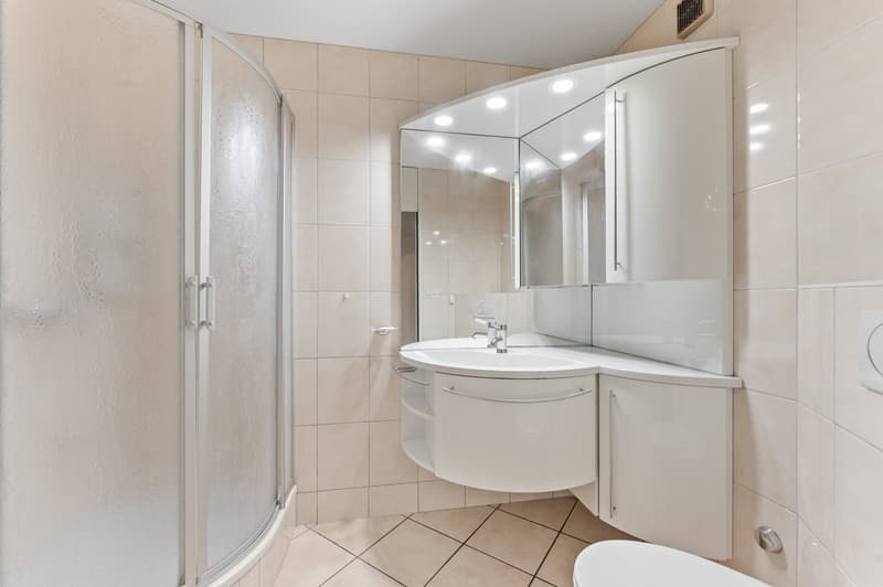 Modern bathroom with a glass shower enclosure, a large mirror, a white sink, and beige tiled walls and floor.