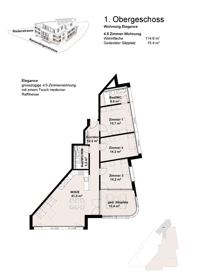 large living room, kitchen, 3 bedrooms, bathroom, corridor, covered terrace, storage, W/K/E, roofed seating area