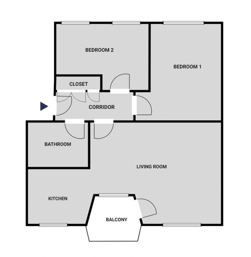 2 bedrooms, 1 bathroom, living room, kitchen, balcony, closet, corridor