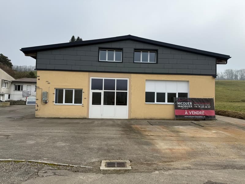 two-story house, yellow exterior, black roof, two glass double doors, several windows, signboard, large parking area