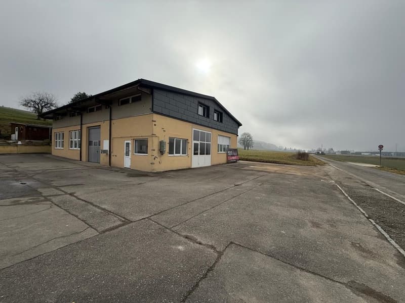 yellow building, large windows, garage doors, black roof, road to the right