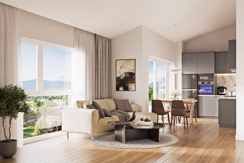 modern design, large windows, beige couch, wooden floor, glass table, dining table, dining chairs, modern kitchen, fridge, microwave, oven