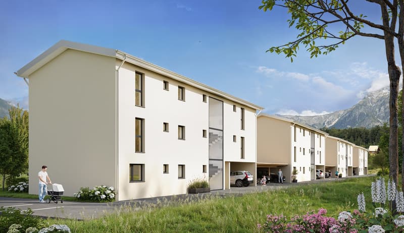 Modern apartment building, beige exterior, underground garage, spacious windows, two floors, surrounded by green landscape, multiple plants