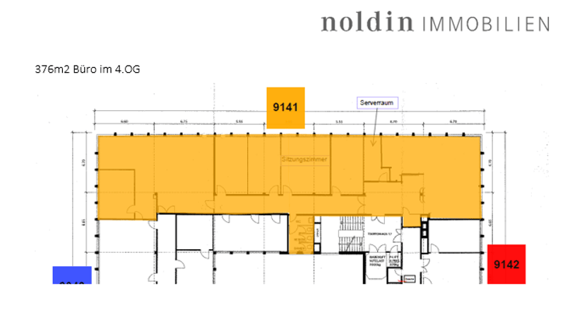 The image shows a floor plan of a commercial property. It consists of a large open office space of 376 square meters, as well as a separate room labeled 'Serverraum' (server room). There is also a designated parking space marked as '9142'.