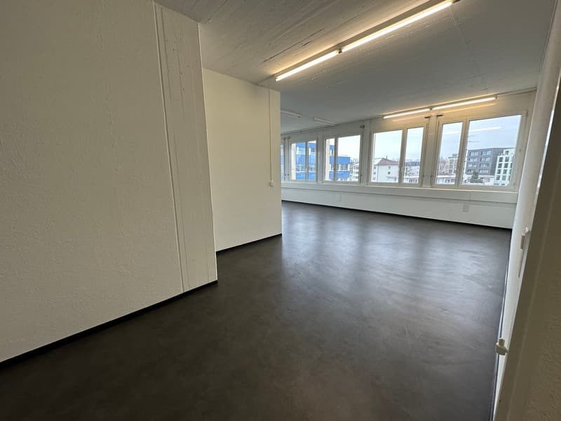 empty room, white walls, black floor, many windows